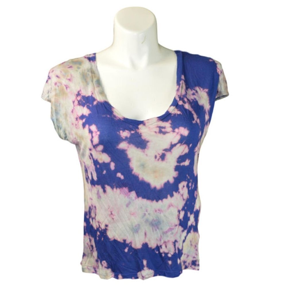 Guess Women’s Purple Tie-Dye V-Neck Boyfriend T-Shirt Modal Size Large L Soft